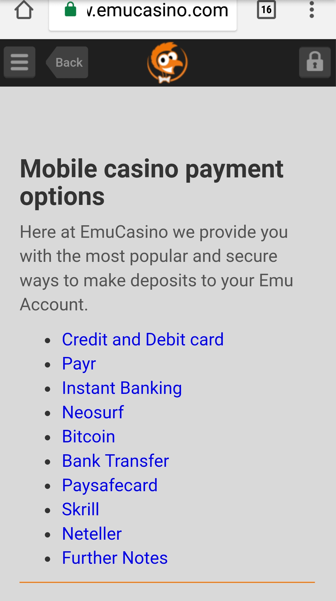 Emu Casino Mobile deposits